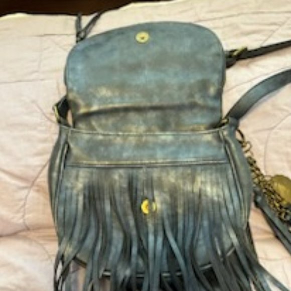 Navy Metallic-Sheen Leather Fringe Bag with Gold Spike and Feather Charm - Picture 4 of 9
